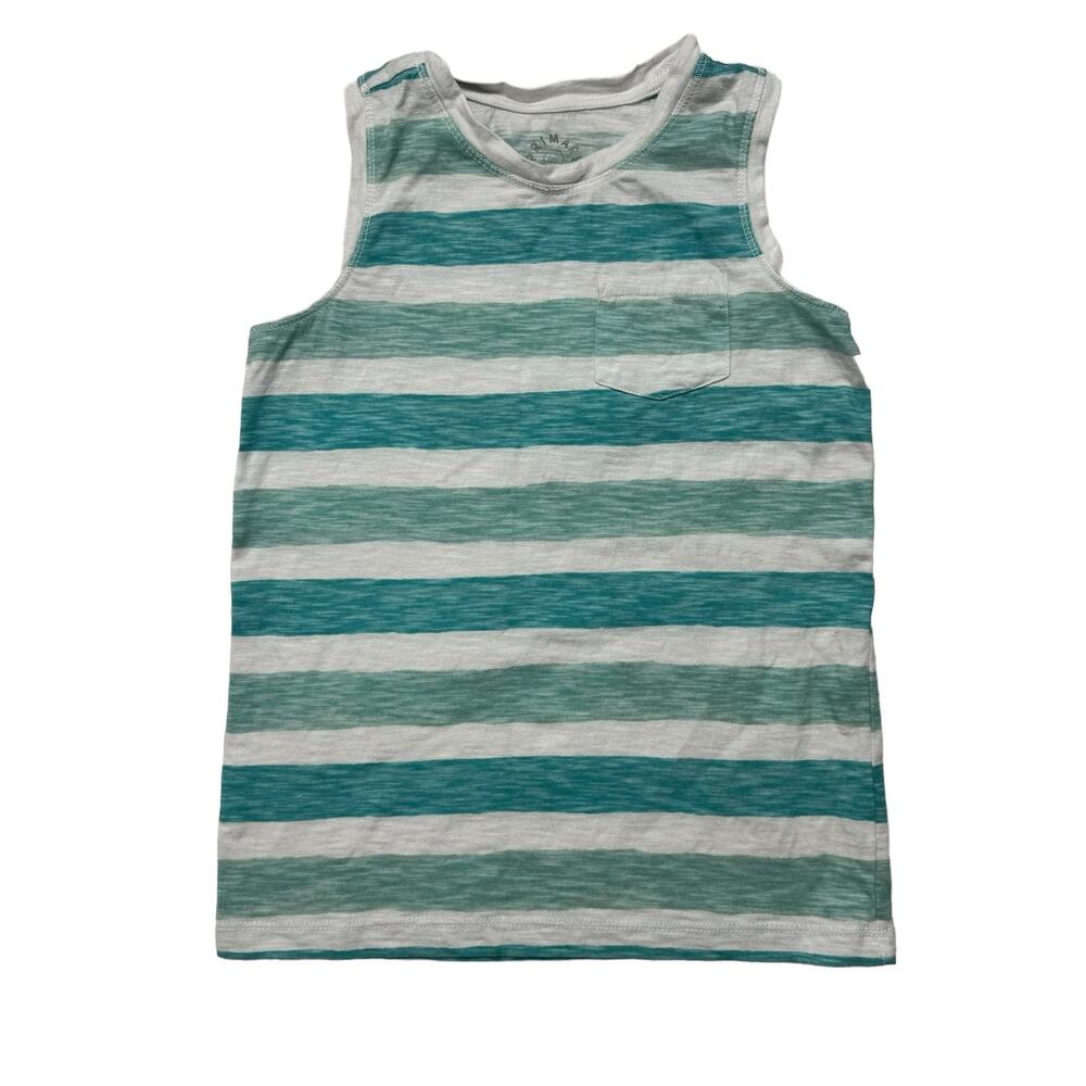 PRIMARY Water Blue Stripe Pocket Tank Size 6-7 Kids 100% Cotton White Sleeveless